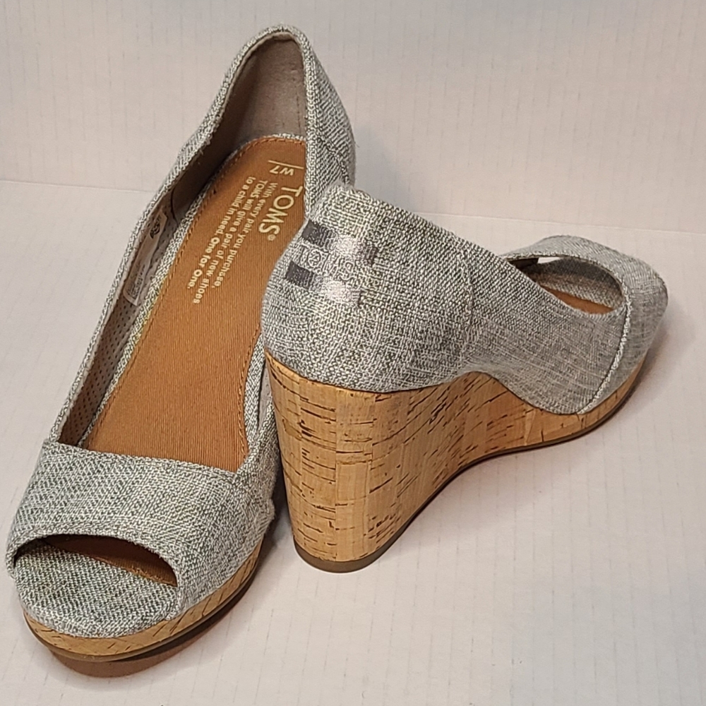 TOMS Stella's Grey Woven Cork Wedge Sandals  Peep Toes 7W